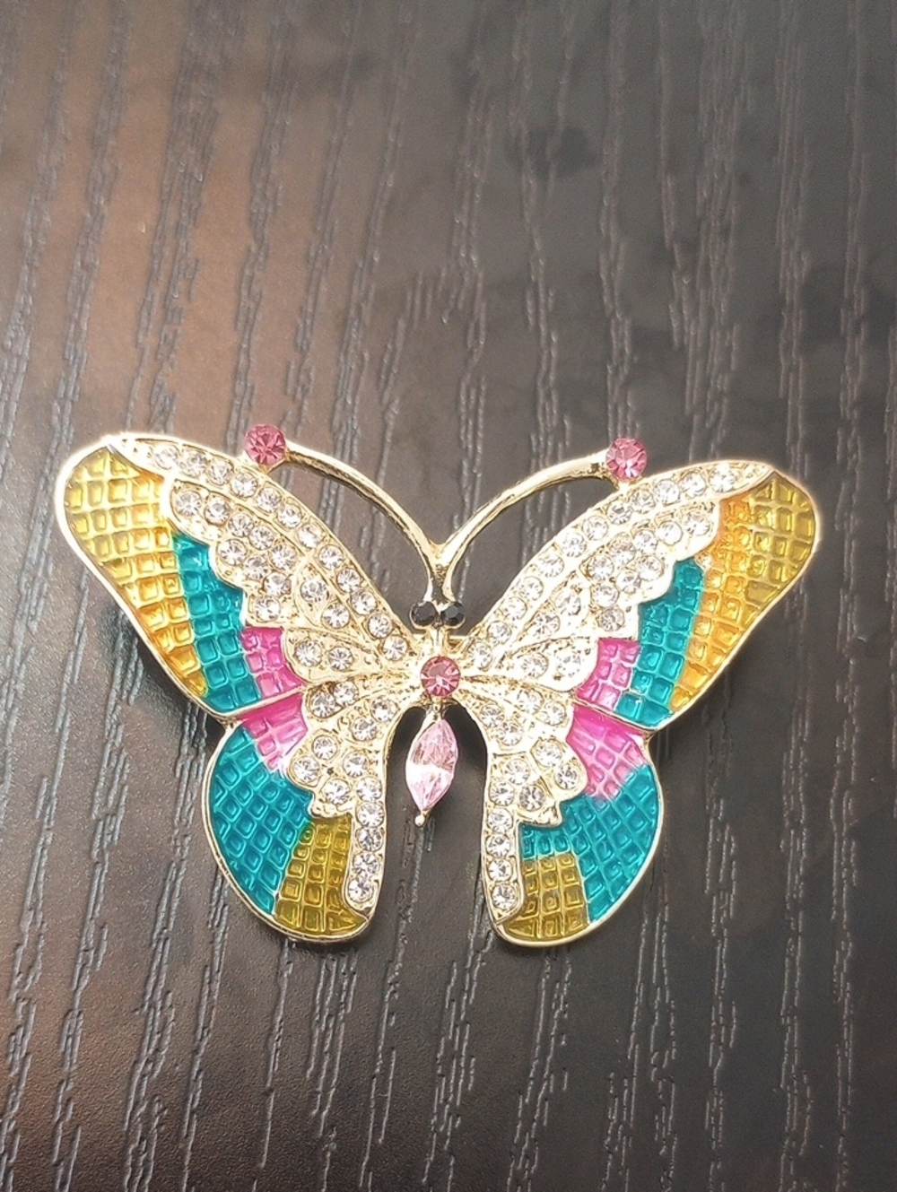 Gold-Tone Butterfly Rhinestone Enamel Brooch with Pink, Teal & Yellow Accents